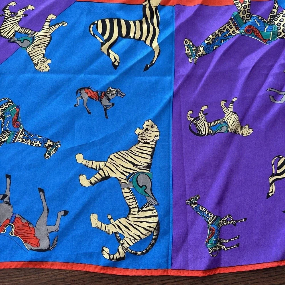 Vintage Elaine Gold Collection 100% Silk Circus Animal Print Scarf 34x34